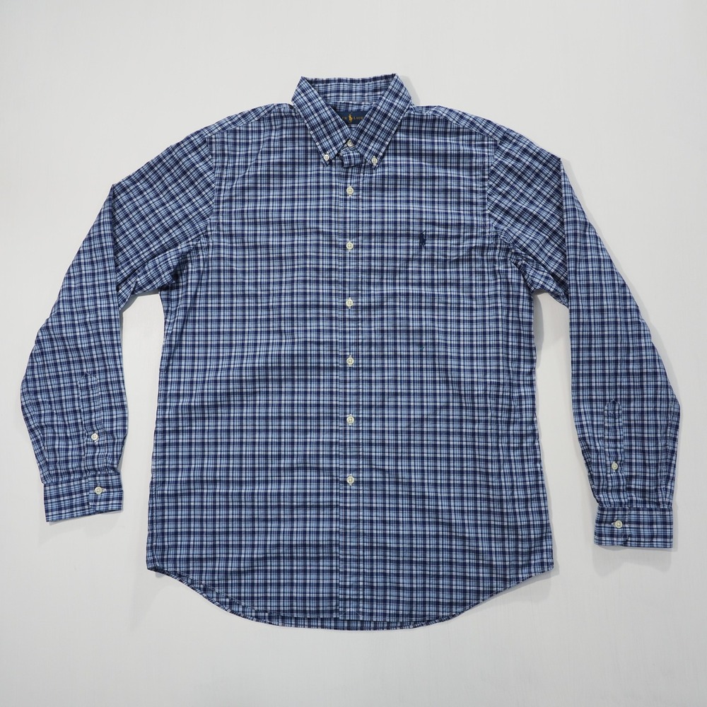 Ralph Lauren Shirt Mens Large Blue White Plaid Check Cotton Long Sleeve Button